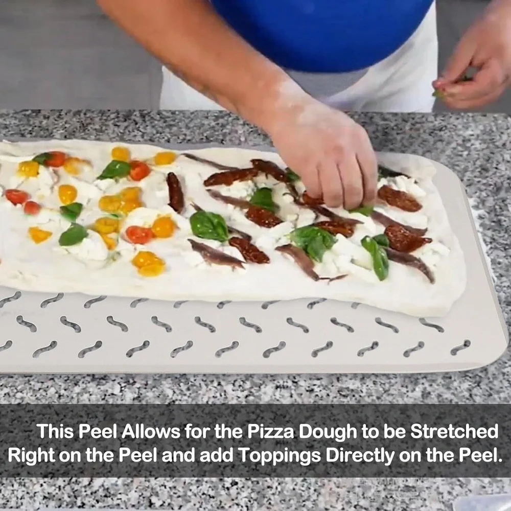 Perforated Rectangular Metal Pizza Peel Paddle with Wooden‎ Handle 20 x 11